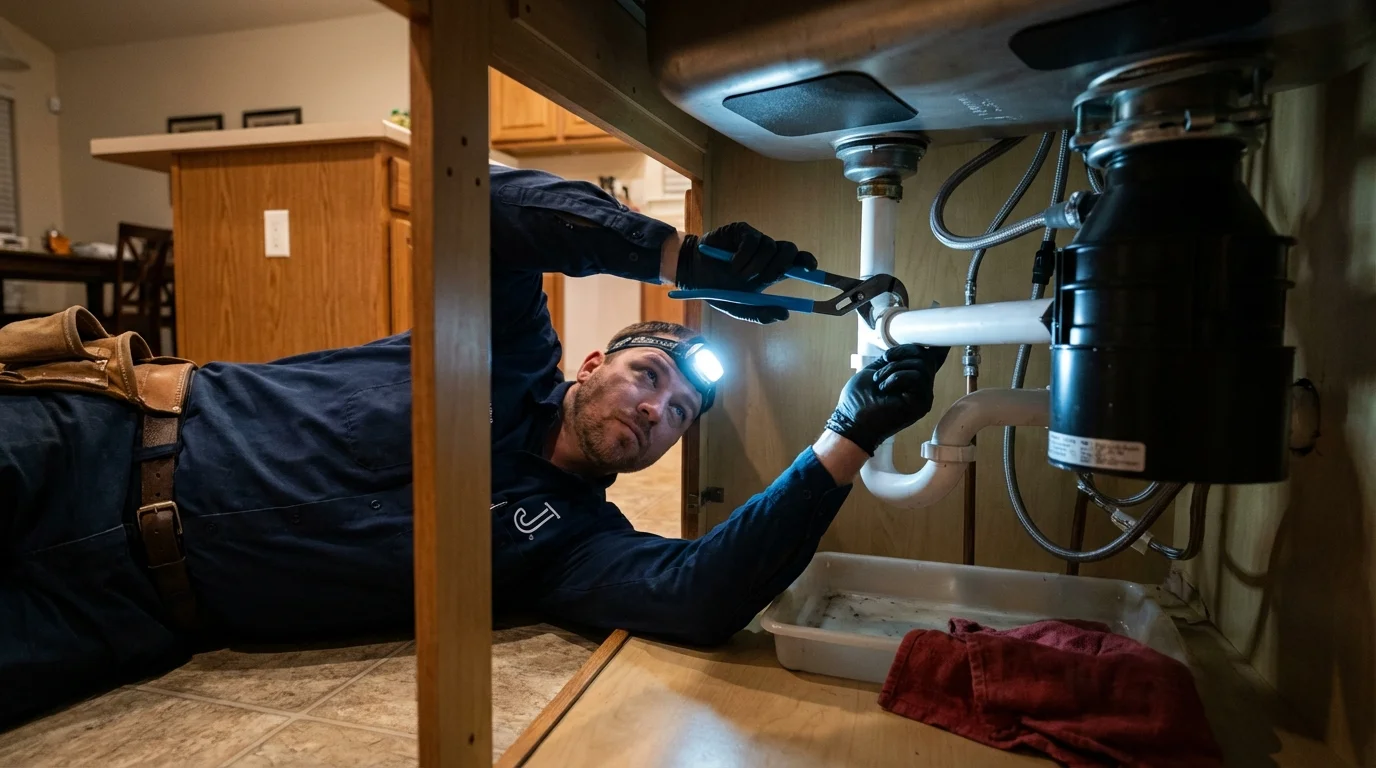 P-trap and supply line connections under a kitchen sink showing a common leak point in Tombstone, AZ